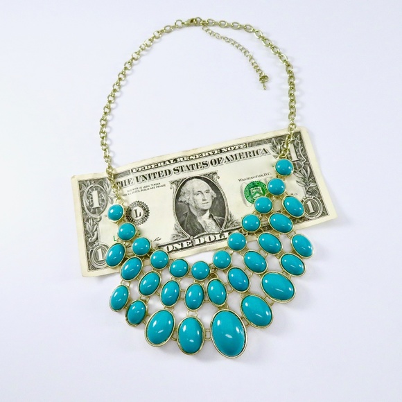 Bib Necklace Statement Piece, Glass Turquoise Cabs - Picture 6 of 7